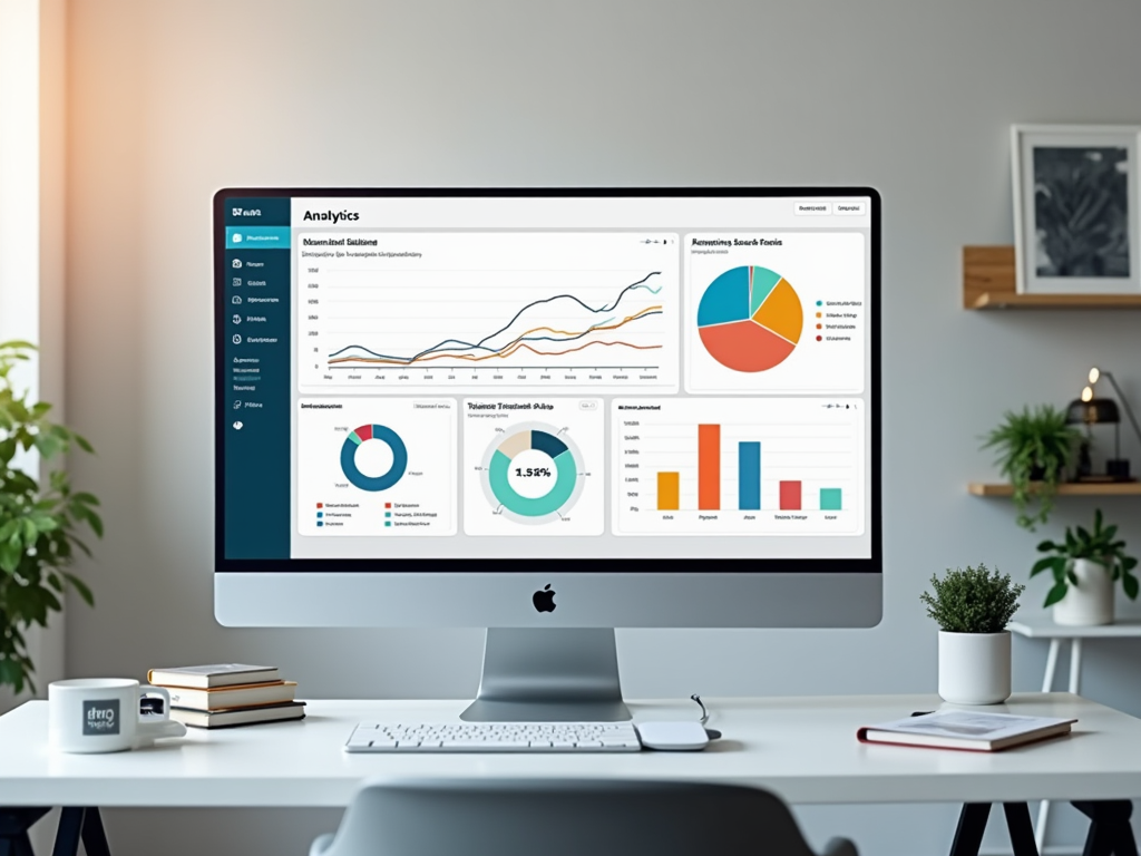 Рабочее место с компьютером, показывающим экран аналитики с диаграммами и графиками.