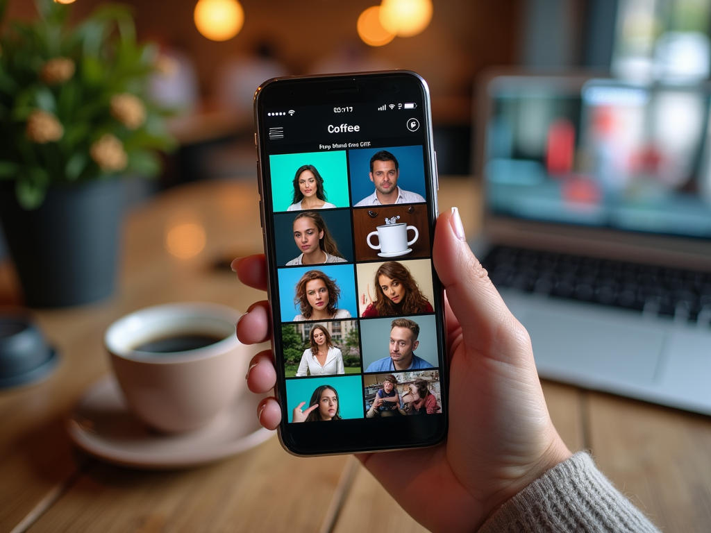 На изображении смартфон с приложением на экране, показывающим различные фотографии людей и чашку кофе.