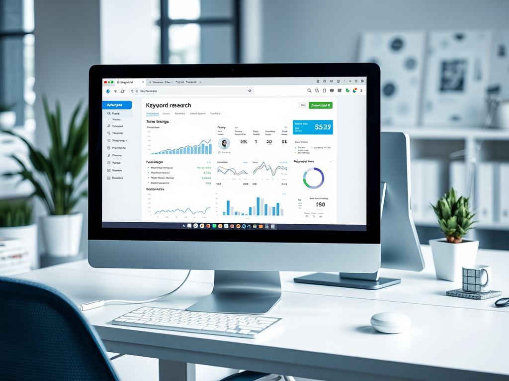 На экране компьютера представлены данные по исследованию ключевых слов и аналитике. Офисная обстановка.