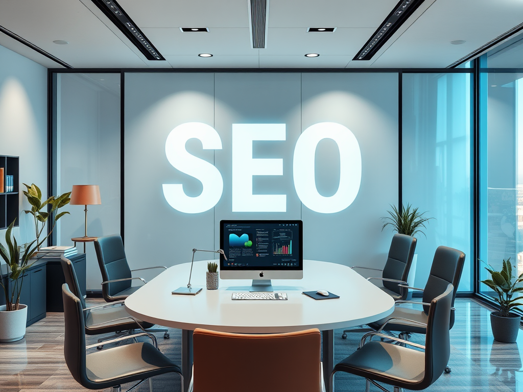 Современный офис с фокусом на SEO, стол, компьютер и кресла, много света и зелени.
