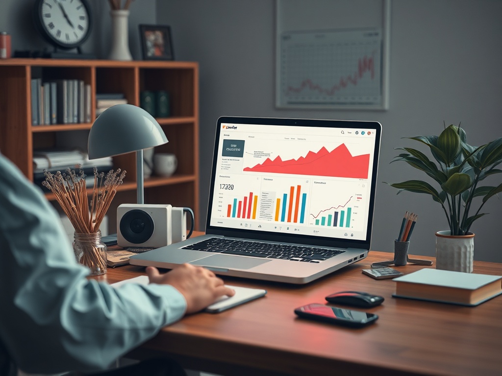 На столе ноутбук с графиками и диаграммами, настольная лампа и растения в уютном офисе.