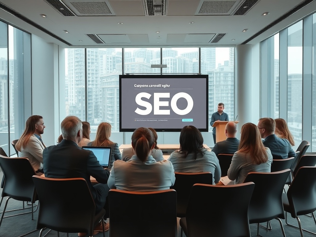 На встрече обсуждают тему SEO, аудитория смотрит на презентацию с проектором.