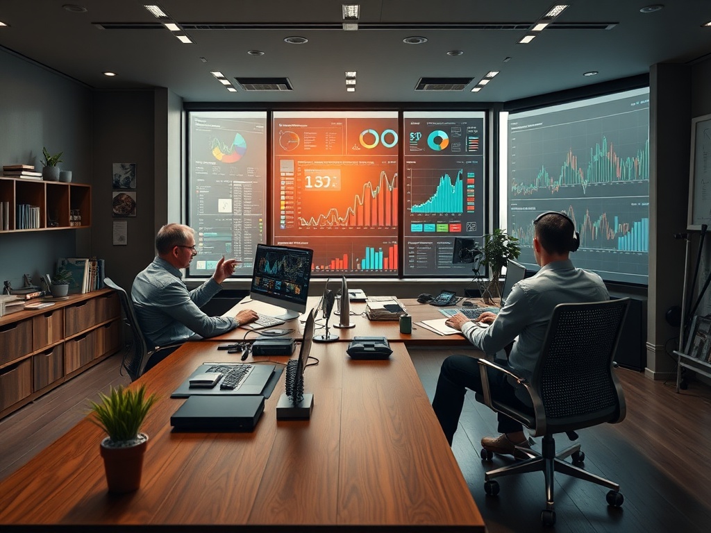 Два человека в офисе анализируют графики и данные на экранах, работая за столом с техникой.