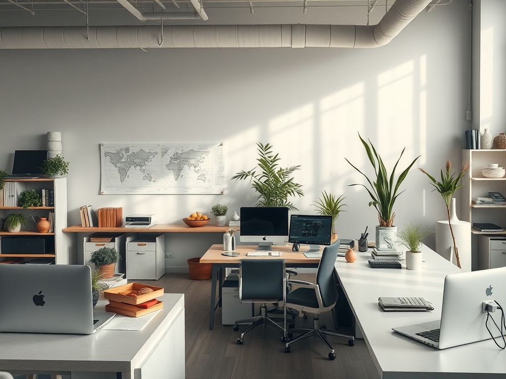 Офис в современном стиле с растениями, компьютерами и картой мира на стене, наполненный мягким светом.