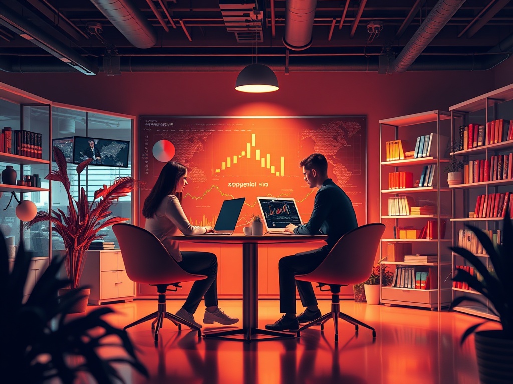 Два человека работают за столом в офисе с яркой подсветкой и графиками на стене. Вокруг книги и растения.