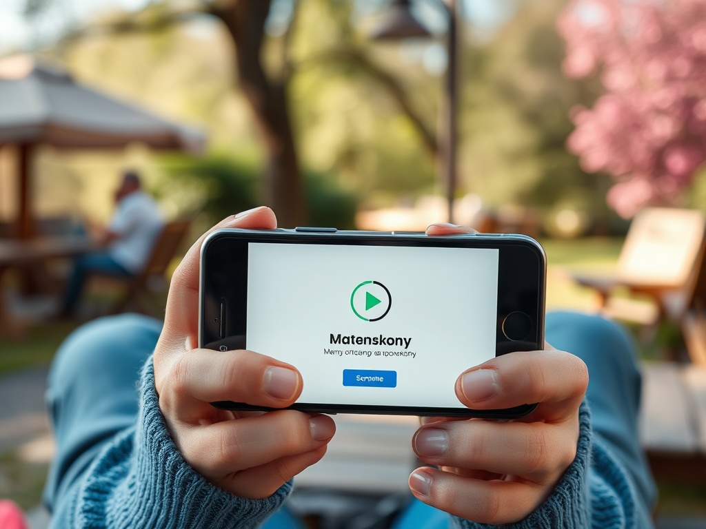 На экране телефона логотип и кнопка «Подписаться» сервиса Matenskony в парке.