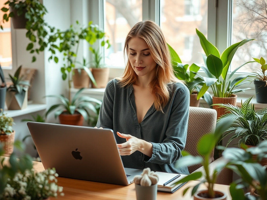 Женщина за ноутбуком в уютном офисе, окружённом зелёными растениями и ярким светом.