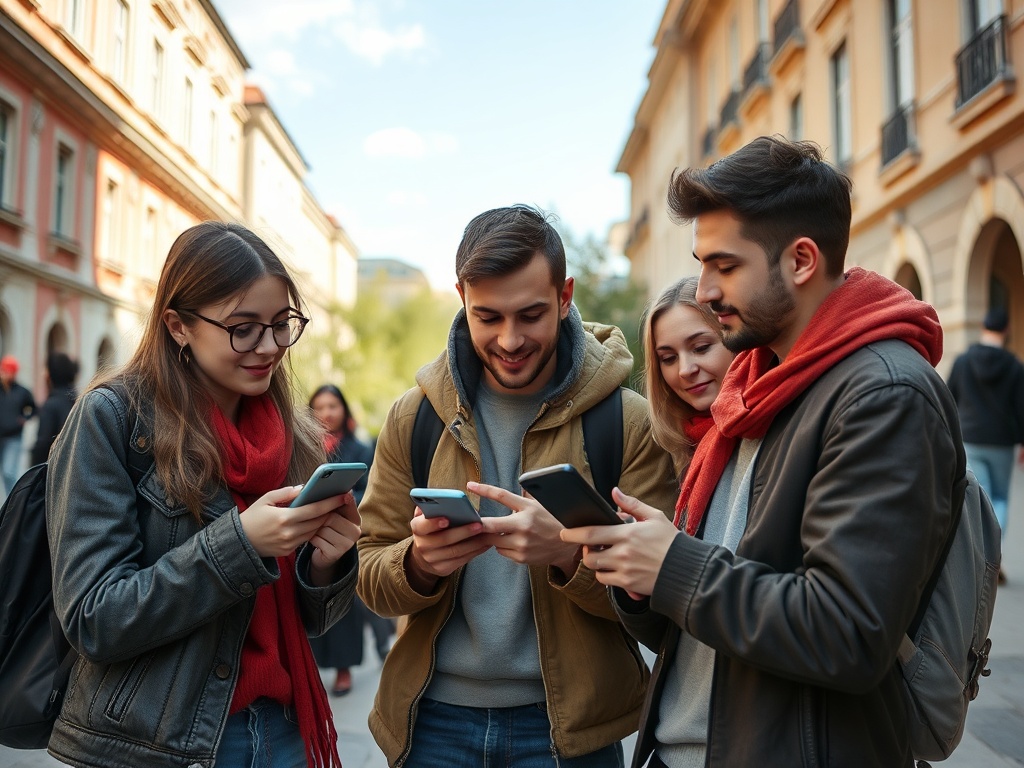 Четыре человека смотрят на телефоны на улице, смеются и общаются друг с другом. Осень, уютная атмосфера.